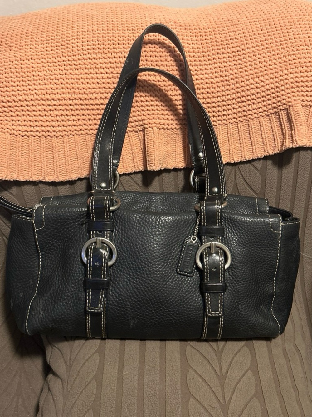 Coach Black Pebbled Leather Shoulder Bag with Contrast Stitching